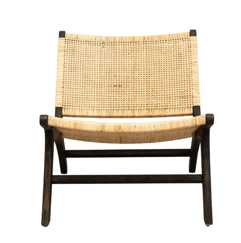 Black Teak Wood Rattan Lounge Chair