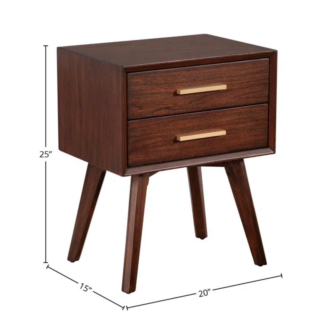 Walnut Solid Wood 2 Drawer Nightstand